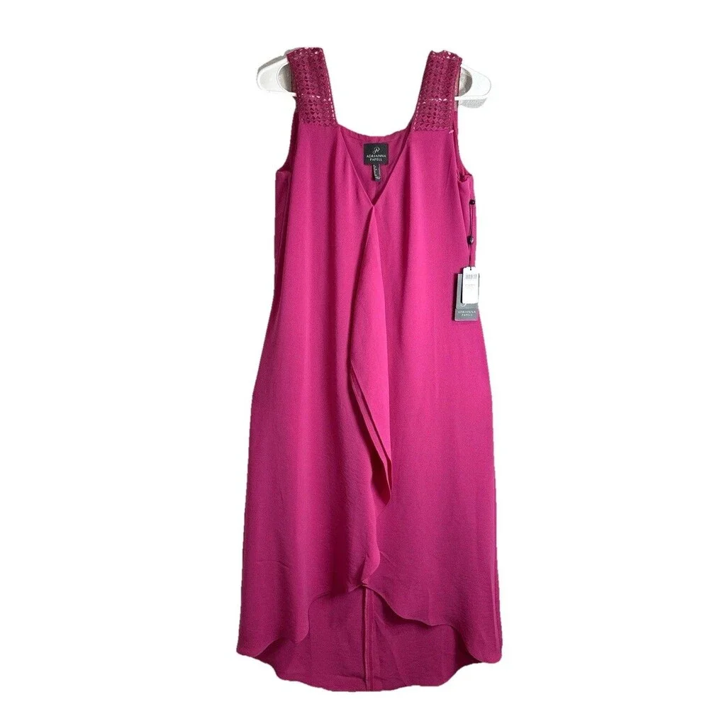 Adrianna Papell Bright Pink Midi Dress 8 Sleeveless Overlay Lace Strap Cocktail - Picture 2 of 10